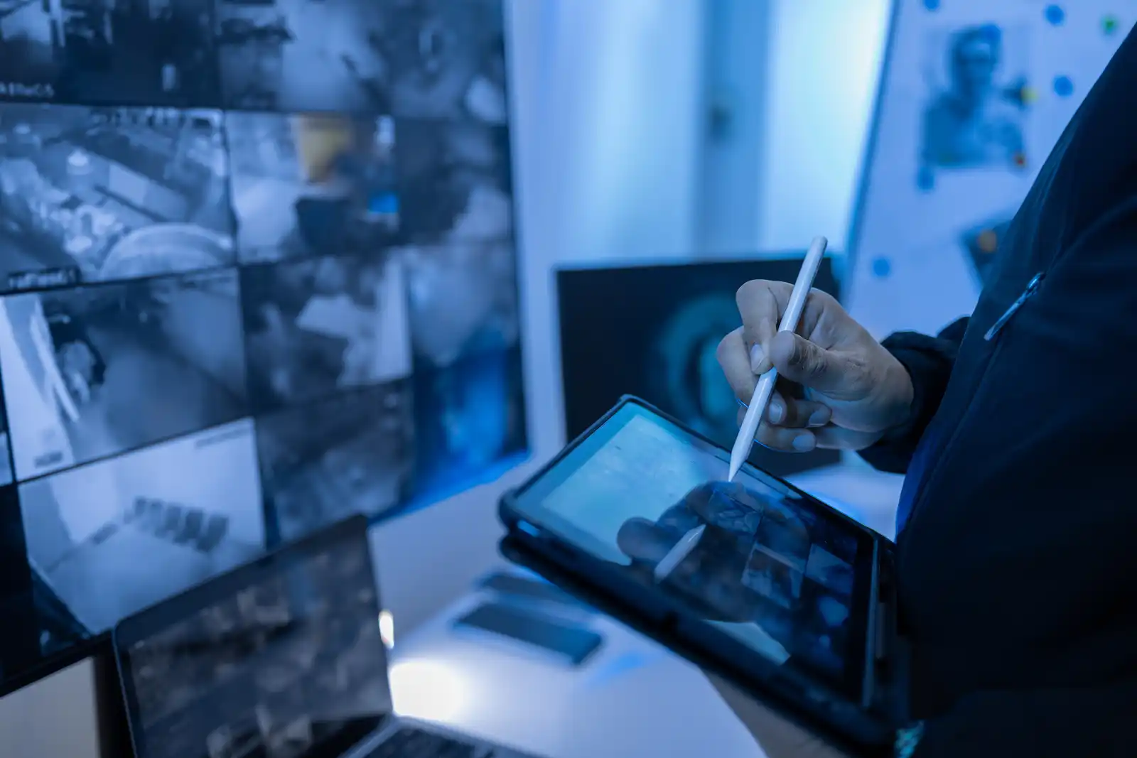 Profesional de seguridad utilizando una tablet frente a pantallas de monitoreo